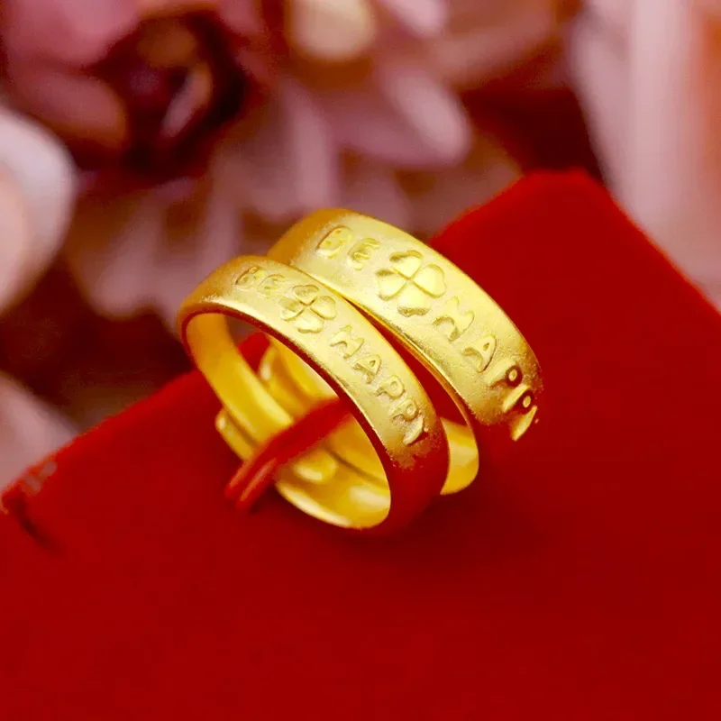 9999 Real Gold 24K Japanese and Korean fashion couple lucky grass ring, gold sandblasted four-leaf clover men's and women's ring