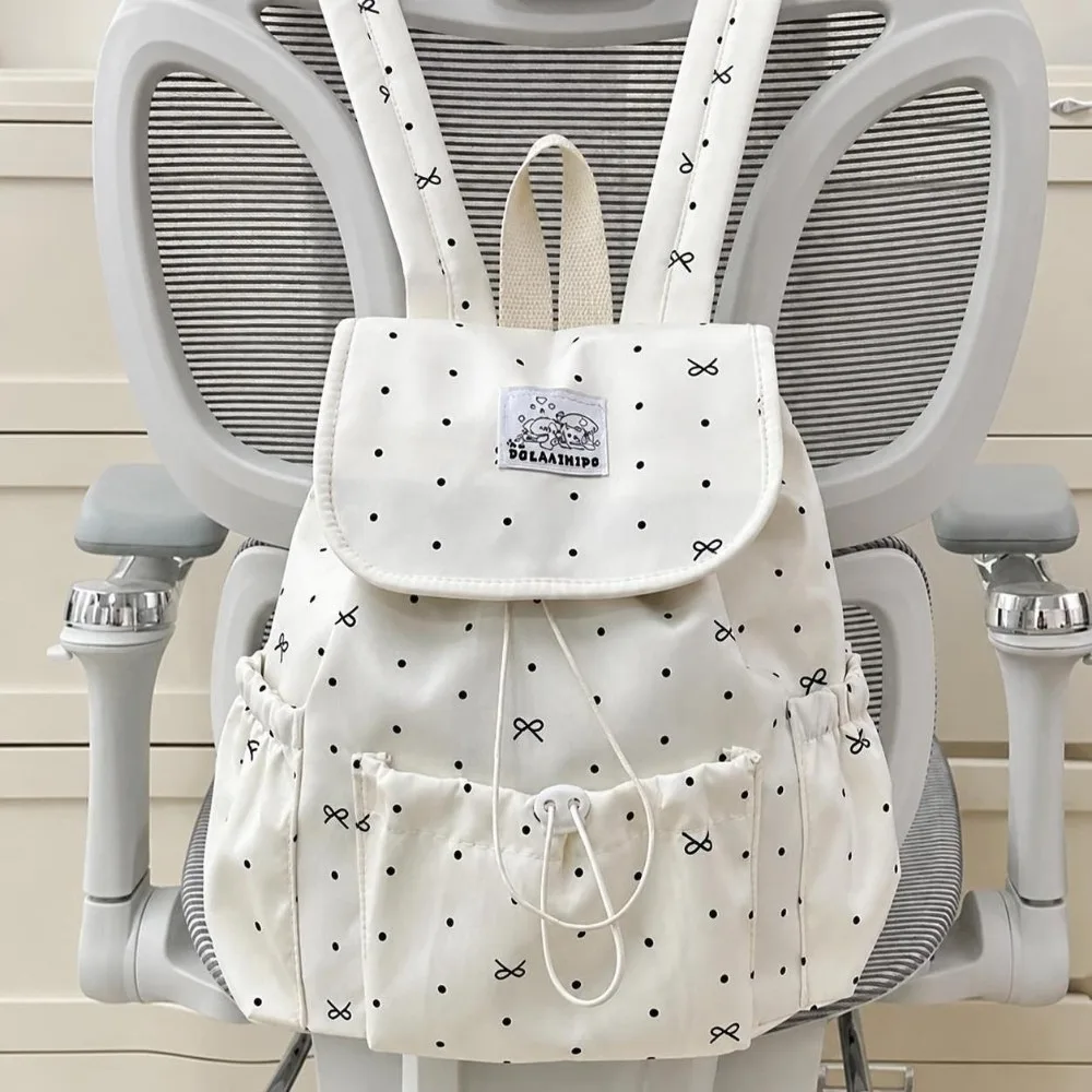 Sweet Drawstring Polka Dot Backpack Large Capacity Bowknot Double Shoulder Bag Ultra Light Nylon Commuting Backpack