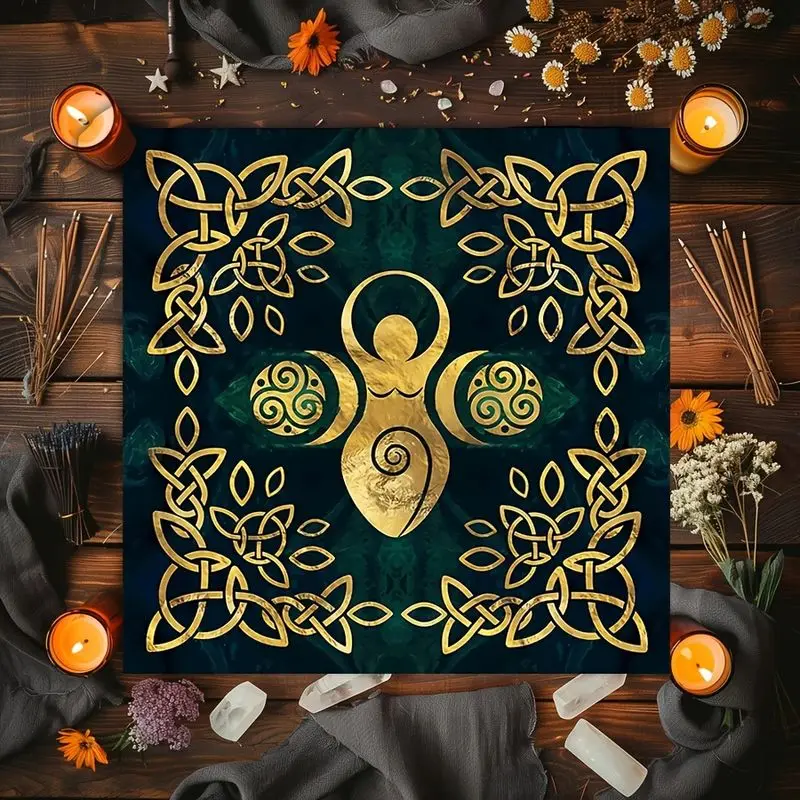 VIKAMA Dark Green Celtic Earth Goddess Tarot Tablecloth Mystical Divination Altar Cloth Ceremony for Spiritual Room Decor