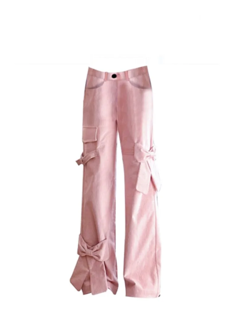 Autumn Solid High Waist Women Cargo Pants Fashion Harajuku Wide Leg Trousers Pocket Bow Patchwork Loose Grunge Pantalones