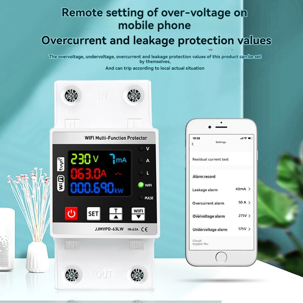 

WiFi 63A/80A Automatic Reclosing Protector Power Adjustable Electric Source Protecting Device Voltage Current Leakage Display