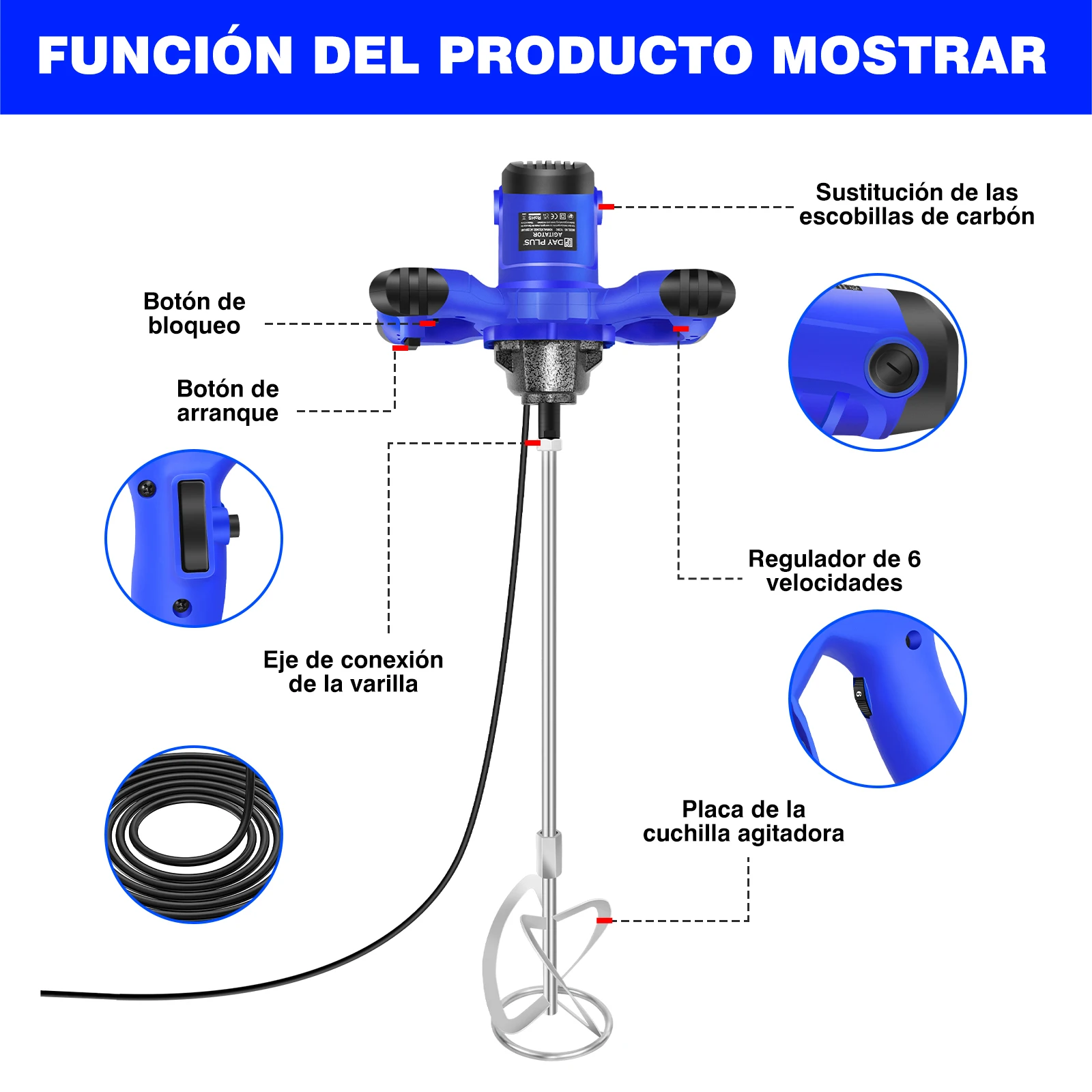 Batidora de mano de 2600 W con brazo mezclador: batidora portátil para hormigón y pintura, 6 velocidades ajustables, 230 V, para mortero, cemento, yeso y pinturas.