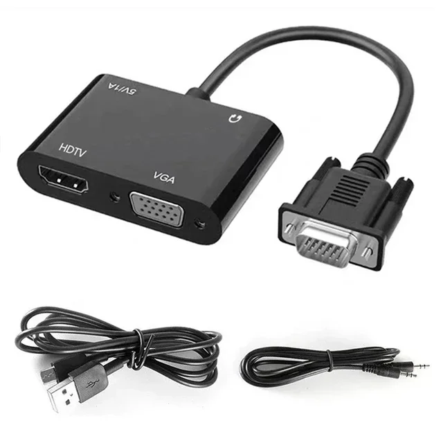 VGA do VGA + HD podwójny przejściówka do wyświetlacza z 3.5mm gniazdo Audio przewód zasilający USB 1-w 2-rozdzielacz 1080P konwerter dla pulpit PC