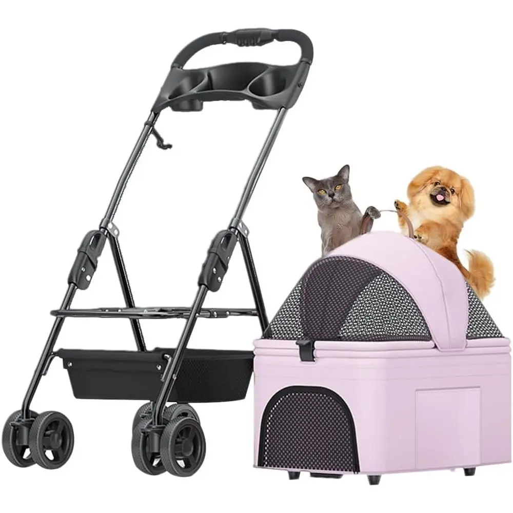 

Складная коляска для домашних животных от маленьких и средних собак и кошек с подстаканником, дышащая дорожная переноска розового цвета