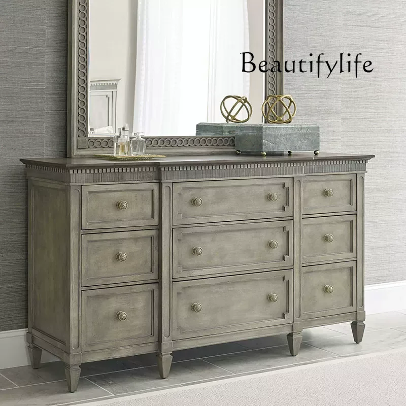 

French retro solid wood dining side cabinet engraved TV cabinet American rural old entrance cabinet storage