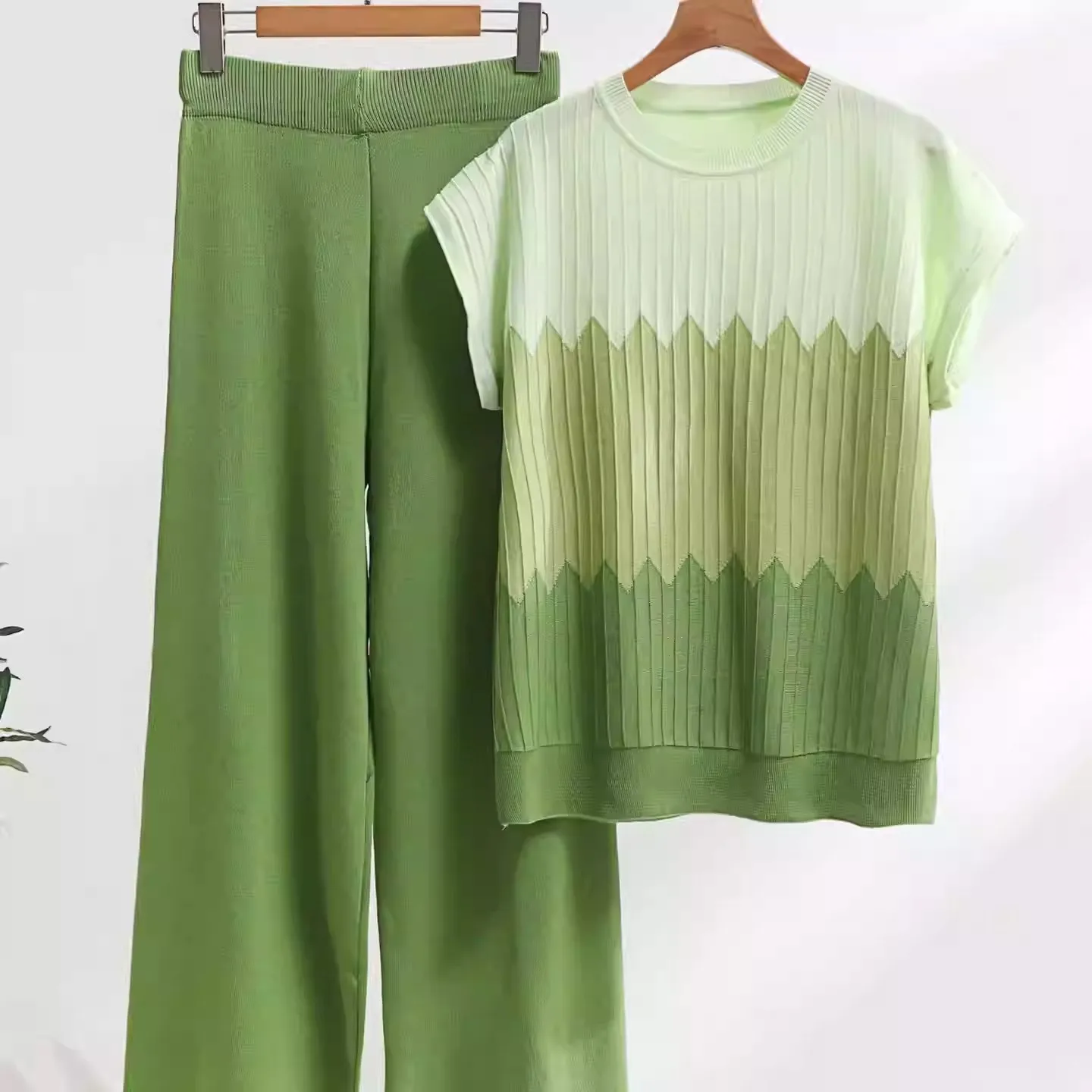 Summer Fashion Striped Sweater and Wide Leg Pants Set Two Piece Set Leisure Commute Short SleeveKnitted Set