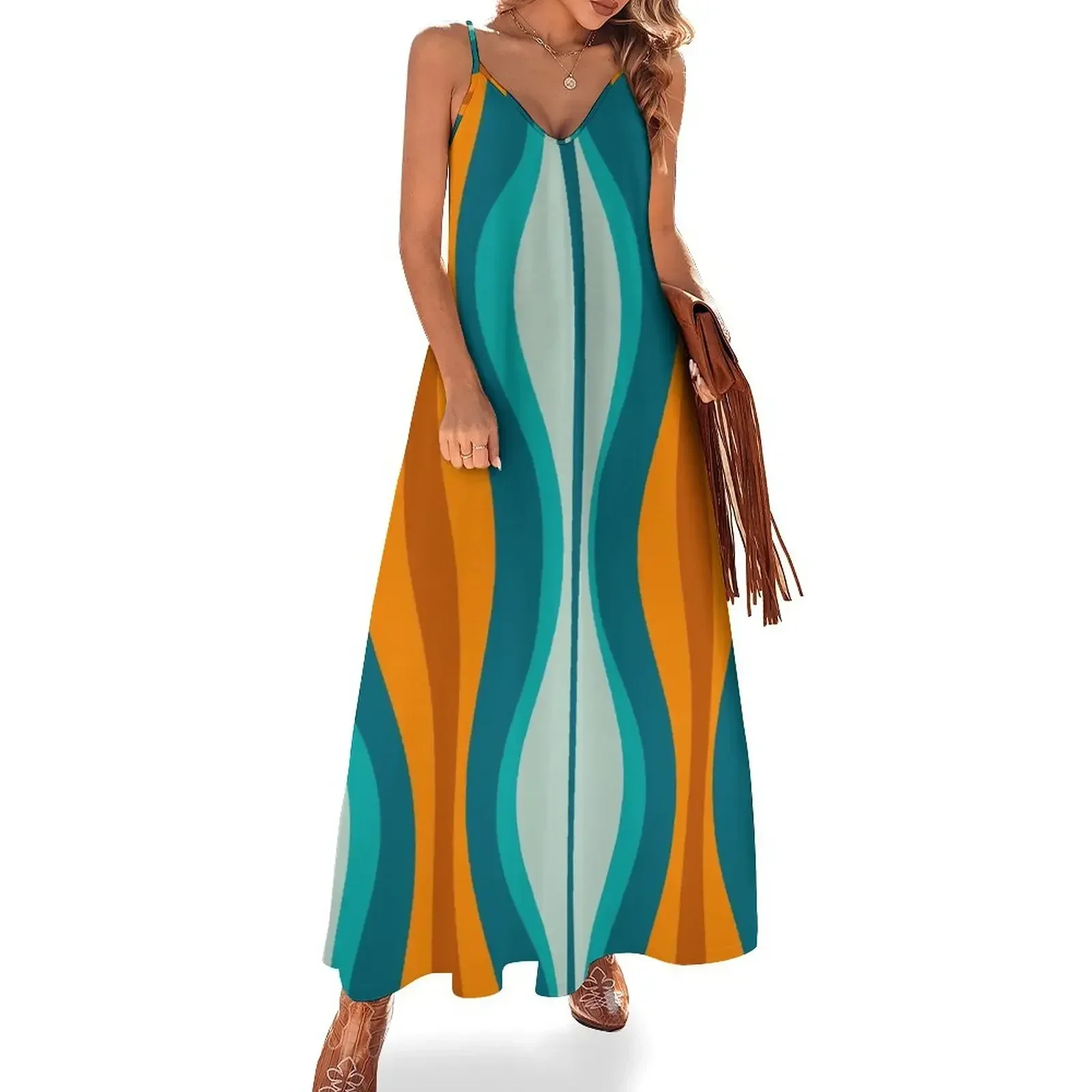 Hourglass Abstract Midcentury Modern Pattern in Orange, Rust, Aqua, Turquoise, and Teal Sleeveless Dress