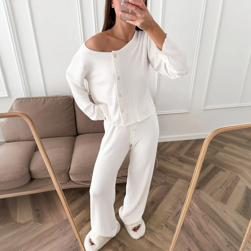 

HiLoc Casual White Jacquard Pajamas Sets Home O Neck Single Breasted Blouse With Wide Leg Pants 2 Piece 2025 Minimalism Suits