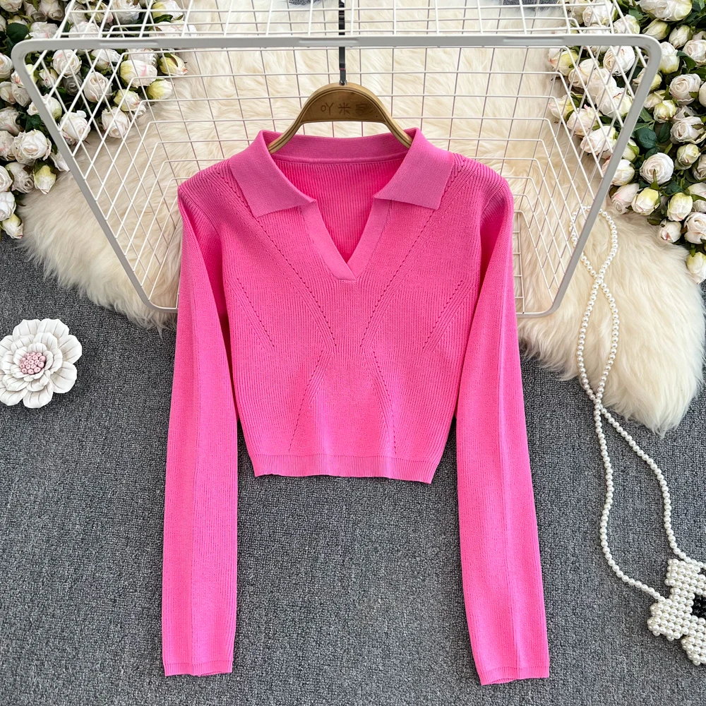 Long Sleeve Slim Knitted Turn Down Collar Tshirt Sexy Elegant T Shirt Fashion High Waist Tees Women Spring Autumn Crop Top Y2k