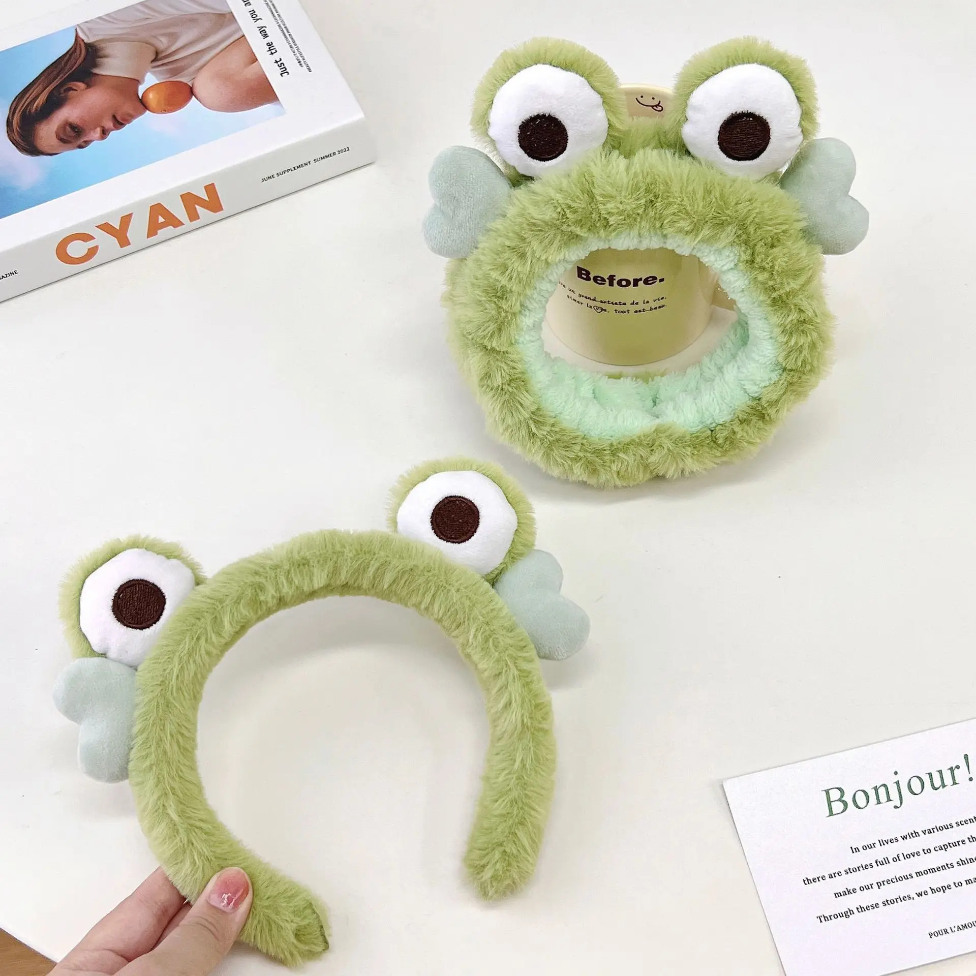 Plush Headband Wash Hair Band Green Frog Eyes Love Headband Girl Heart Cartoon Wash Face Hair Clip ﻿