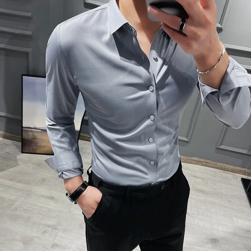 High-end Seamless Shirt Men\'s Long Sleeved Slim Fit Elastic Shirts Top Quality Luxury Business Social Formal Dress Shirts 4XL-M