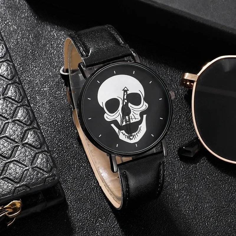 4Pcs Mens Black Watches Skull Pattern Dial Design Luxury Leather Band Quartz Wristwatch Outdoor Casual Sports Watch Relogio