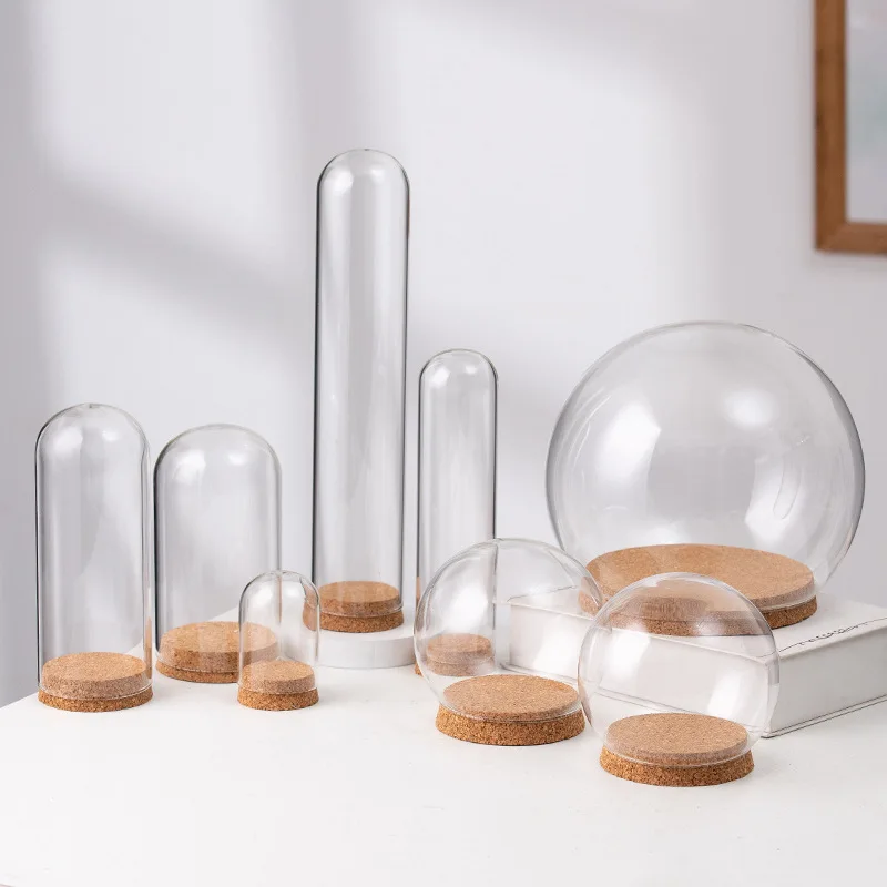 

8sets/pack Small Size Cork Base Glass Dome Vase Home Deocration Transparent Tube Cover Birthday Wedding Prop DIY Promotion Gift