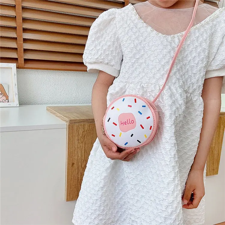 cartoon Doughnut Little Girls Round Shoulder Bag Soft PU Leather Kids Crossbody Bags Portable Children's Mini Coin Purse handbag