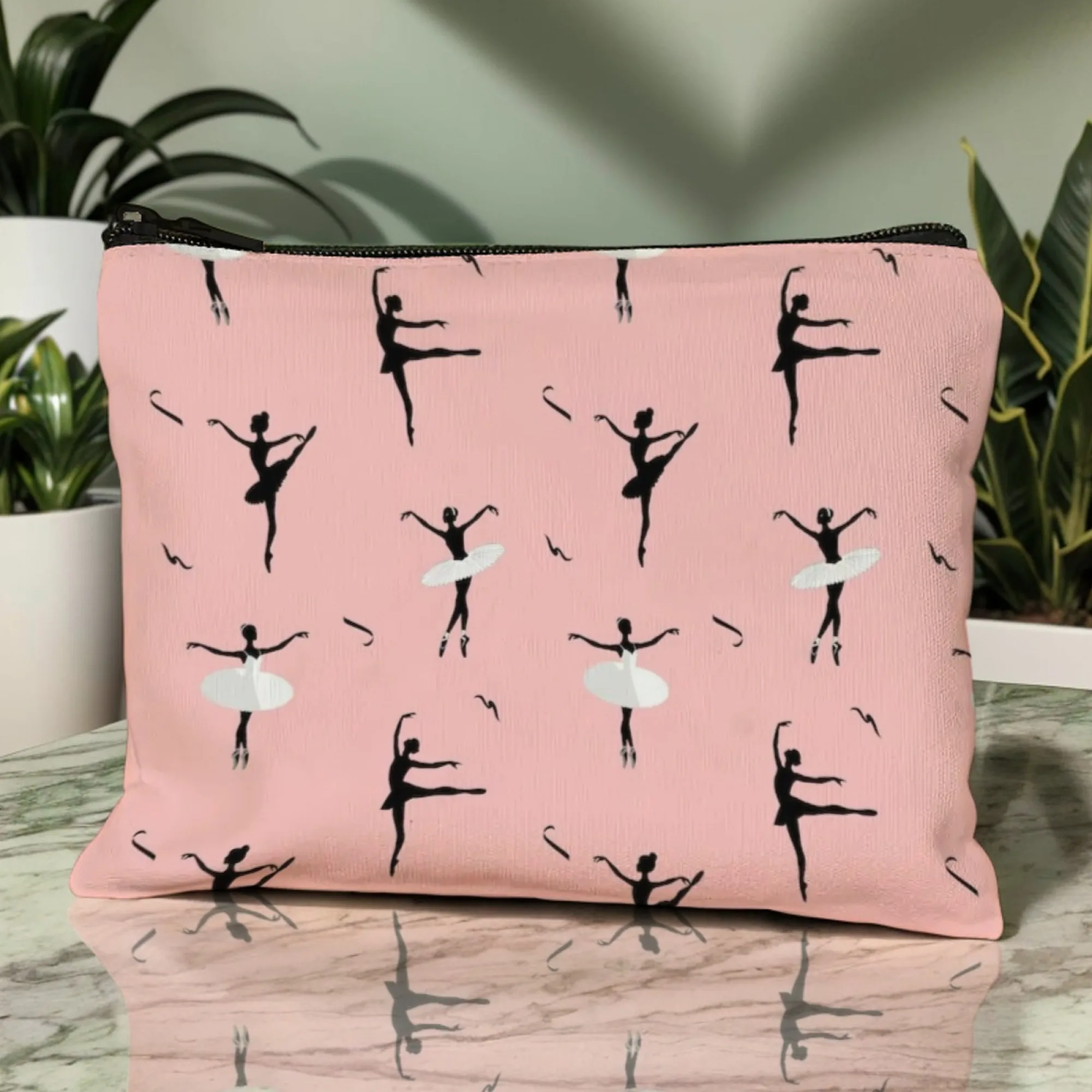 Elegant Ballet Print Cosmetic Pouch Pink-Accent Dancer Silhouettes Action & Tutu Details Portable Travel Organizer with Zipper