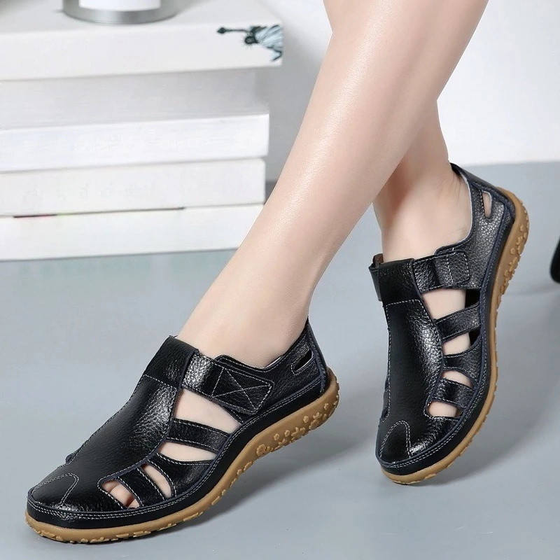 Handmade Genuine Leather Sandals: Comfortable, Soft-Soled Mom Shoes, Cowhide Leather, Velcro Closure, Casual Women's Shoes