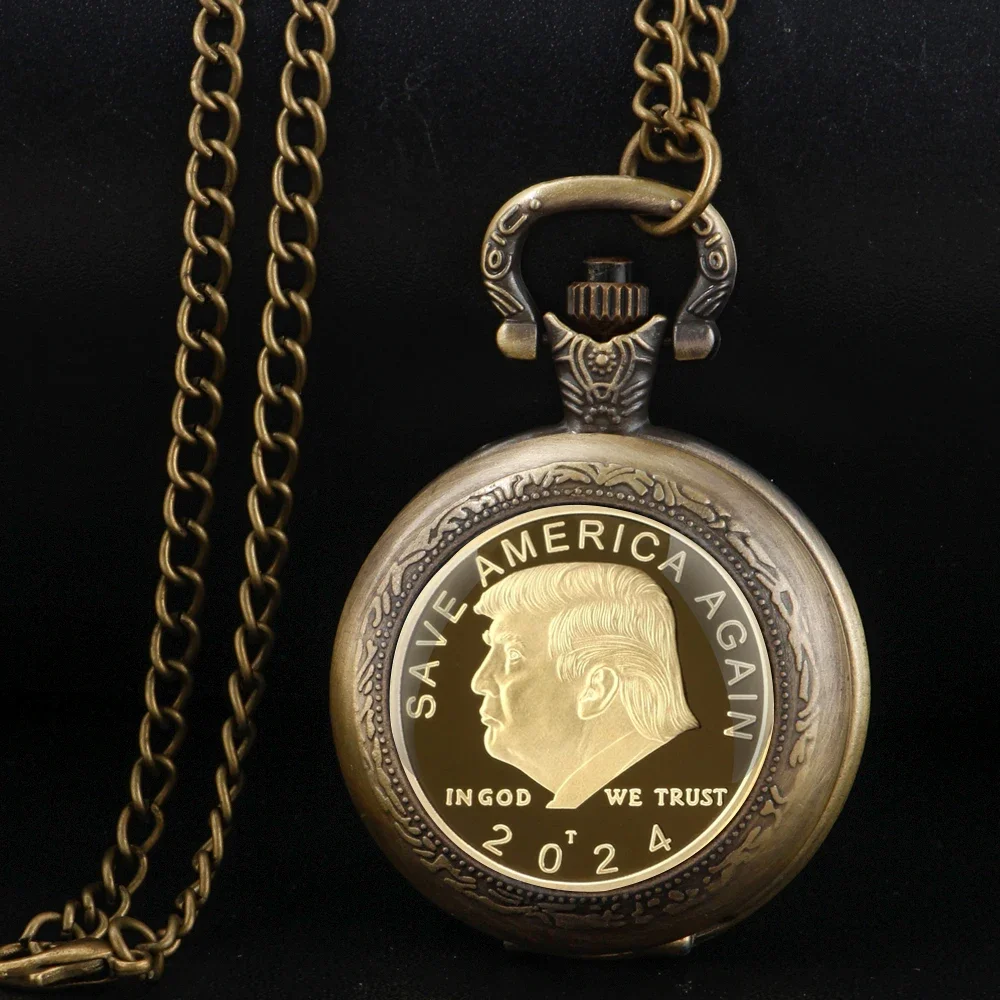 Vintage-Style Trump 2024 Election Memorial Pocket Watch - Quartz Movement, Round Dial, Unique Bronze Necklace Souvenir Gift