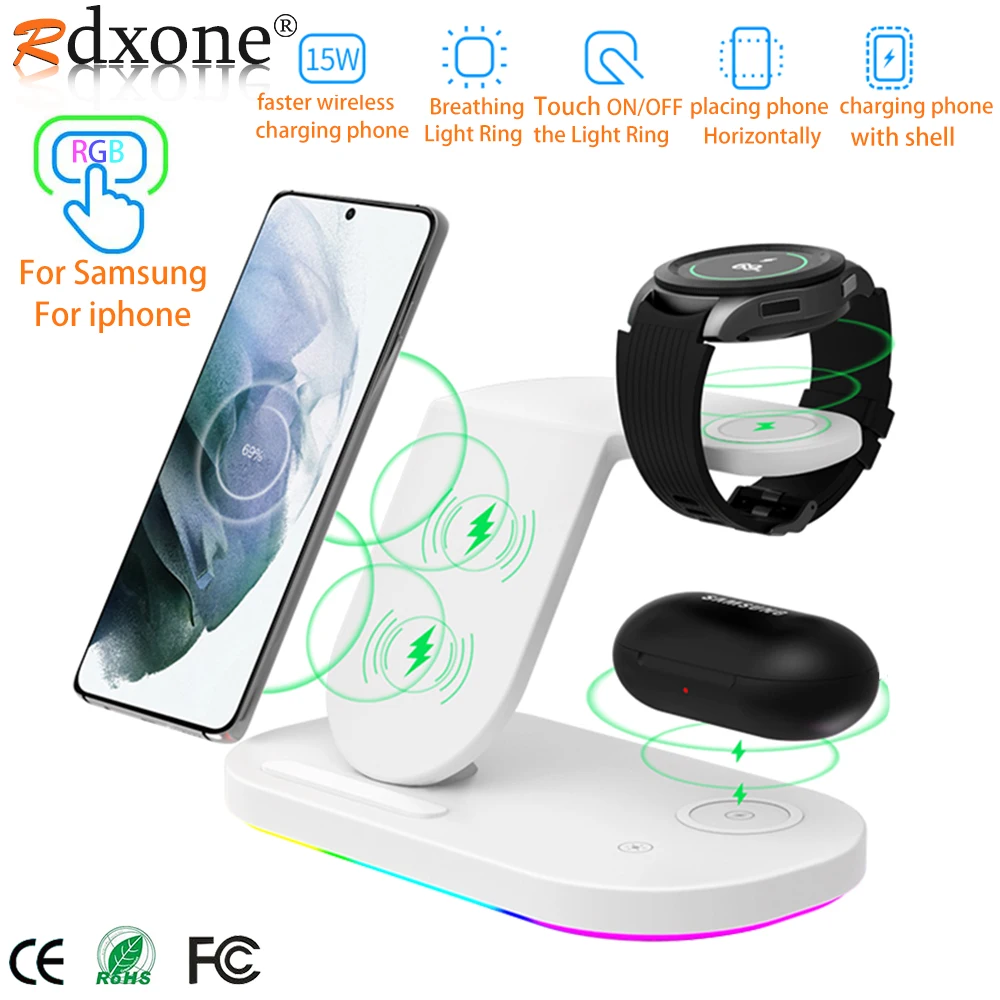 15W Wireless Charger Stand 3 in 1 Fast Charging For iPhone 13 12 Samsung Galaxy S21/S20/S10/S9 Watch 3 4 Classic Active 2