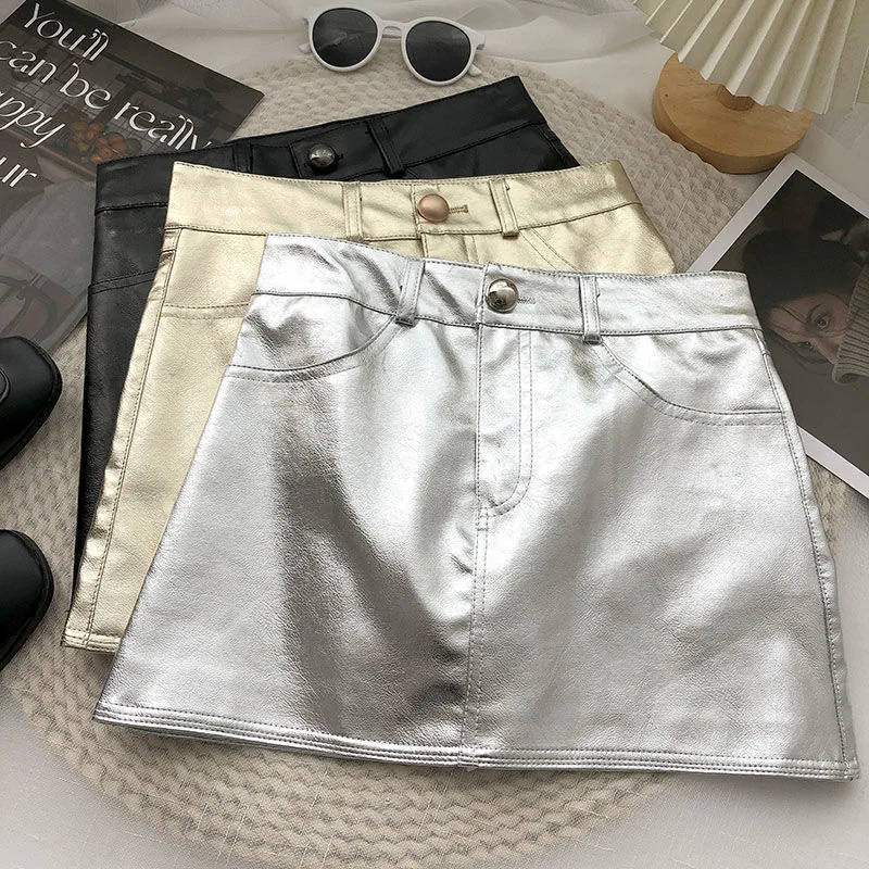 3-15 baby girls pu Leather Short Skirt One Button Elastic Belt Waist Anti Walk Shiny Shiny Childrens teen Leather skirts shorts