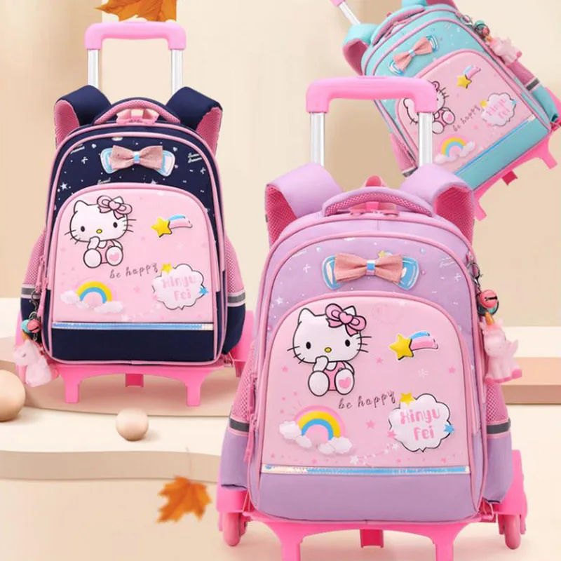 Kawaii Anime Hello Kitty Trolley School Bag Student Rolling Backpack With Wheels Large Capacity Portable Waterproof Girl Gift