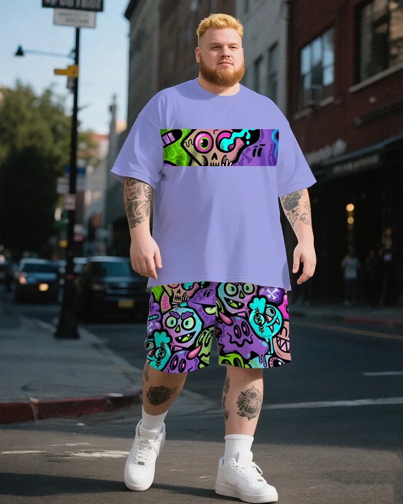 

S-9XL Men's Large Size Cartoon Short-sleeved T-shirt Shorts Two-piece Set