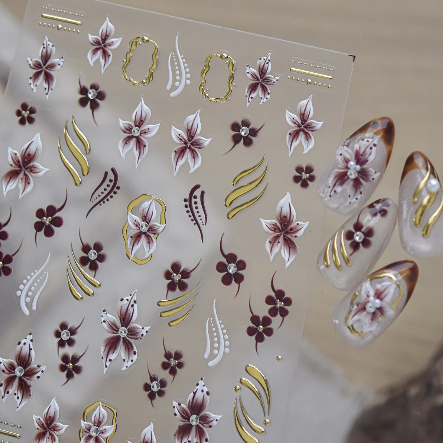 Gradient Blended Wine Red Petal 5D Nail Art Stickers Rhinestone Flower Core Metal Lines Irregular Hollow Golden Frame Decals