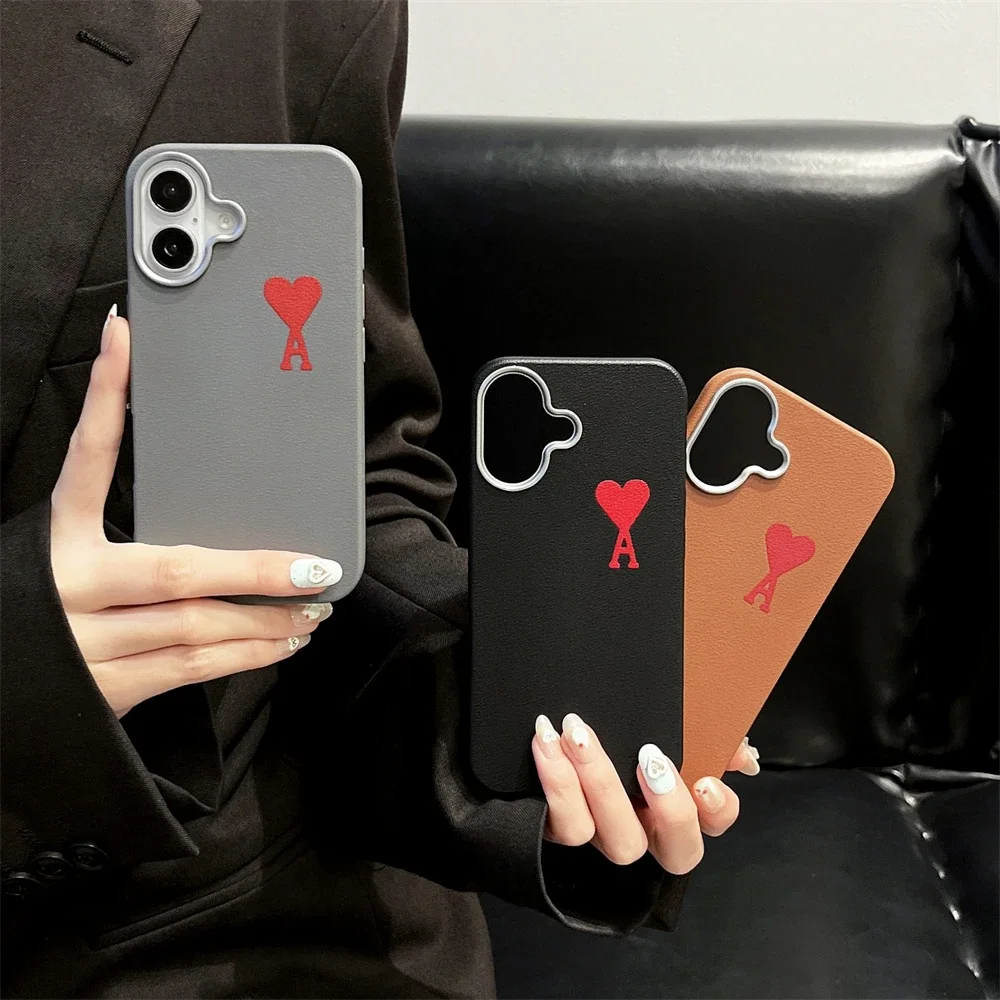 Fashion Cute Leather Pattern Heart-shaped Phone Case for iPhone 16 Pro Max 11 12 13 14 15 X XS XR Couple Shockproof Bumper Cover