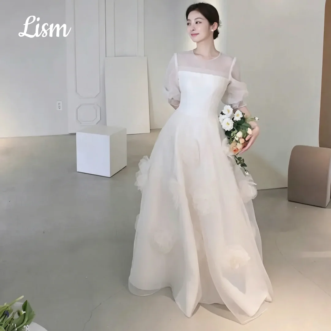 Lism Customized O-Neck Short Sleeves Korean Wedding Dresses Handmade Flowers A Line Silk Organza Bridal Party Dresses 2026