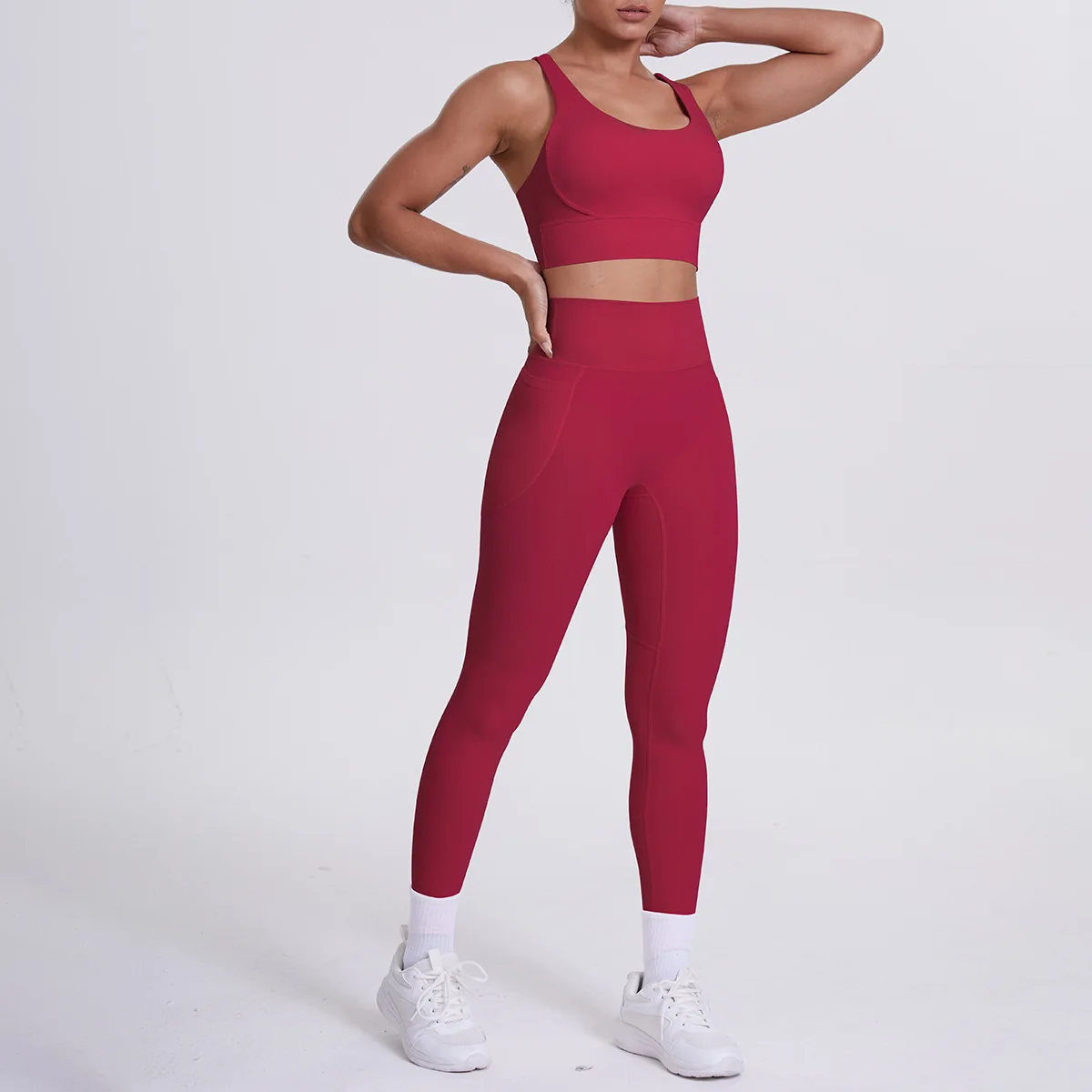 

Women's Yoga Set 2 Piece Nude Feel Cross Back Sports Bra & High Waisted Pocket Leggings for Fitness Workout