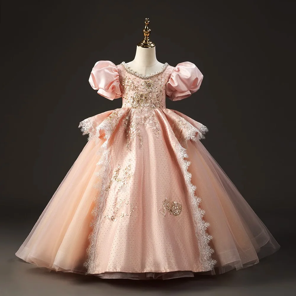 Robe de princesse en dentelle perlée pour enfants, robes de demoiselle d'honneur roses, robe de reconstitution historique à lacets dans le dos, broderie, première communion, image réelle