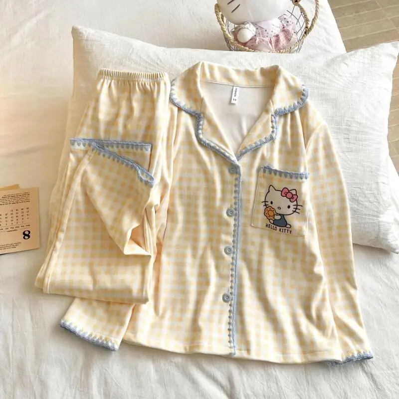 

Sanrio Hello kitty Spring Winter Girls Pajamas Two-Piece Homewear Nightgown Kawaii Cotton Nightwear Kids Clothes
