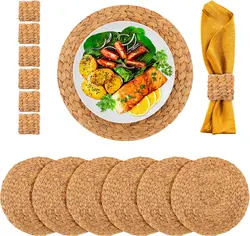 Round Placemats Water Hyacinth Placemats Boho Placemats Set of 6 with Napkin Rings Heat Resistant Anti-Slip for Dinner Plate
