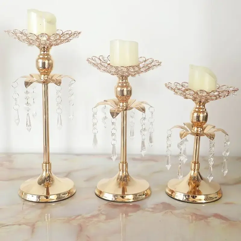 Crystal Candlestick Gold Flower Stand Wedding Table Centerpieces Decorative Candlelight Home Dinner Lantern Holder Candelabros