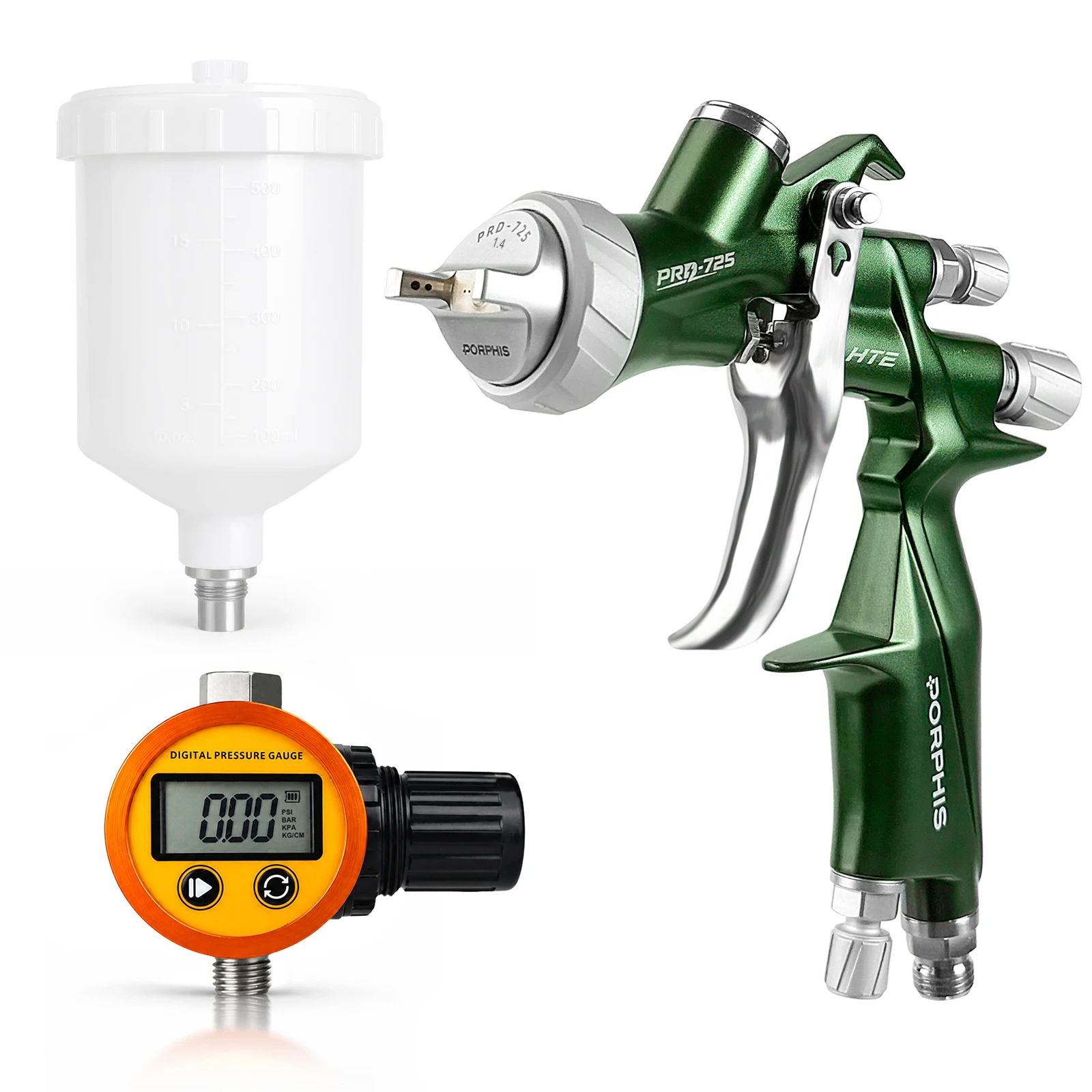 PORPHIS PRD-725 Spray Gun with PDG-02 Digital Diaphragm Air Regulator Automotive Paint Gun for Basecoat Clearcoat Refinish