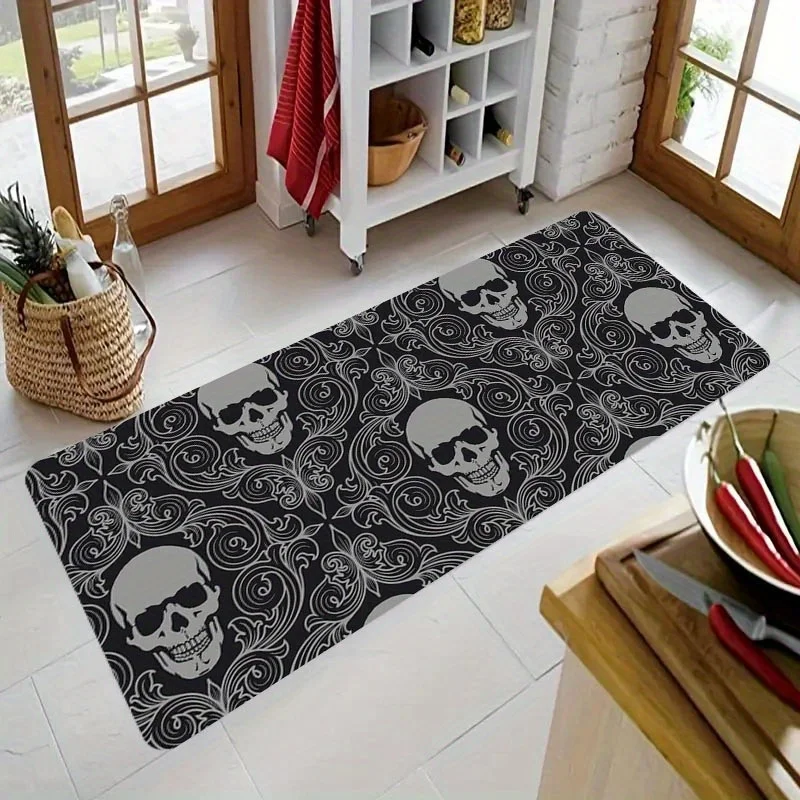 Skull Pattern Printed Flannel Rug Gothic Design Home Decor Black White Contrast Halloween Theme Doorway Art Entrance Accent