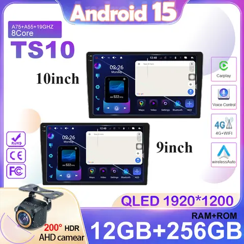 Android 15 CarPlay car radio Android Auto GPS multimedia player 2 DIN universal 9/10 inch Car stereo WiFi player QLED Screen BT