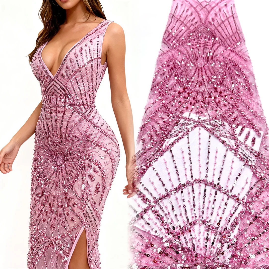 2026 Luxurious Nigerian African Beaded Lace Fabric High Quality Sequins Embroidery African French Lace Fabric For Sewing Dress