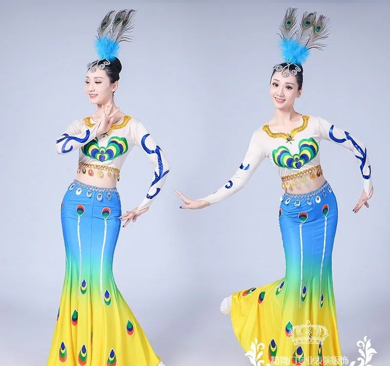 

Peacock dancers fish tail Dress adult children Thailand Dai nationality performing costume for Female Minority stage performance