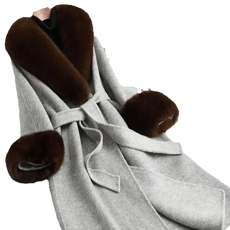 

Alpaca wool and woolen coat for women, new winter 2025 style, high-end look, big fox fur collar, double-sided wool coat