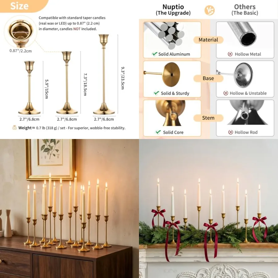 

Brass Metal Taper Candle Holders Candlestick Holders, Vintage Modern Decorative Centerpiece Candlestick Holders for Table Mante