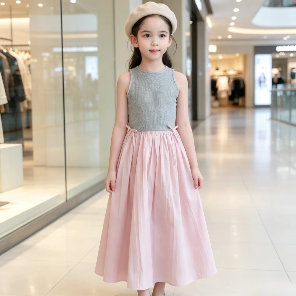 2026Gown Fashion Costume Children Girls Sleeveless Patchwork Dress Kids Summer Korean Style Long Skirt Simple Elegant Princess