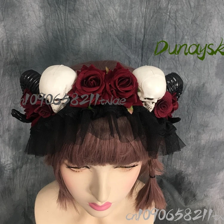 Skeleton Dark Gothic Sheep Horn อะนิเมะคอสเพลย์เครื่องแต่งกายประสบการณ์ฮาโลวีนแปลกยุ้ย jirai kei สยองขวัญฮาโลวีน cos