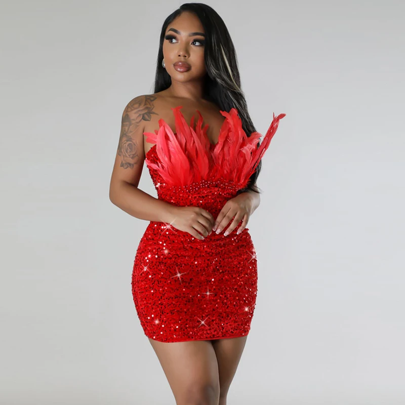 Summer Sexy Feather Decoration Strapless Sequin Dress New Women\'s Party Night Off Shoulder Sleeveless Club Evening Ball Vest