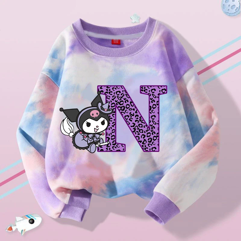 Kuromi Girls Sweatshirt Sanrio Anime Letter A-Z Hoodies Kids Spring Autumn Tops Pullover Fashion Clothes Children Gift Hot Sales