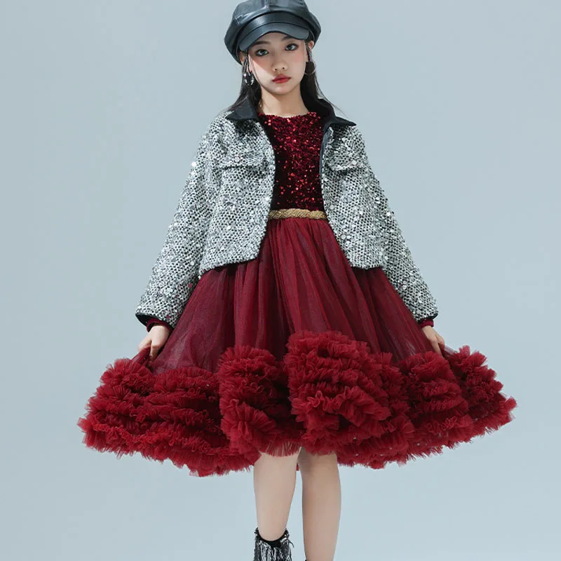 

Girls Show Shiny Jacket TUTU Dress Girls K-pop Crop Tops Street Dance Skirts Clothes Sets Child Streetwear Kids Jazz Costumes