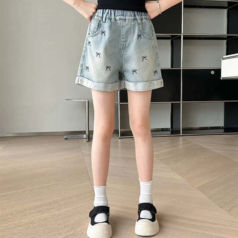 Children Casual Denim Shorts with Bow For Girls Elegant Above Knee Pants Mini Jeans Kids Teenager Brief Summer Shorts Size 5-14Y