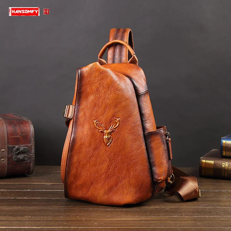 Vintage Genuine Leatehr Men Chest Bag Messenger Bag Fashion Casual Hand Ladle Men's Shoulder Bag Male Small Chest Bags Soft Flap