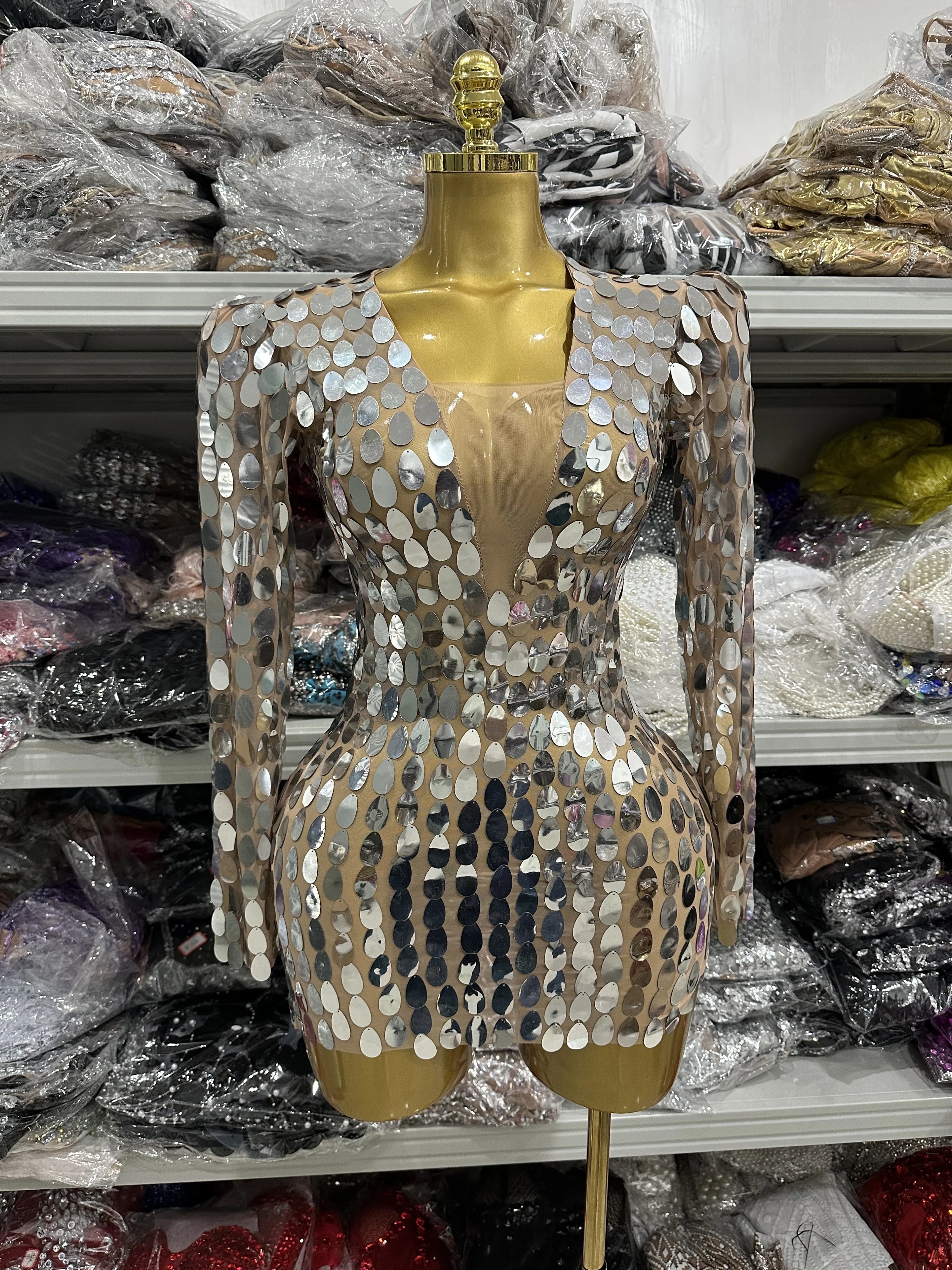 Sparkly Zilveren Lovertjes Vrouwen Lange Mouw Sexy Bodycon Mini Jurk Vieren Bar Zanger Prestaties Kostuum Stadium Slijtage