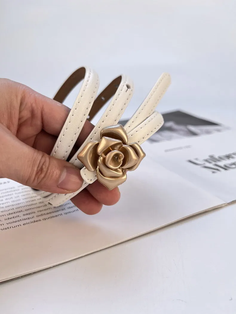 New leather women's thin belt women's flower waist thin cowhide with sweater dress belts for women luxury designer brand