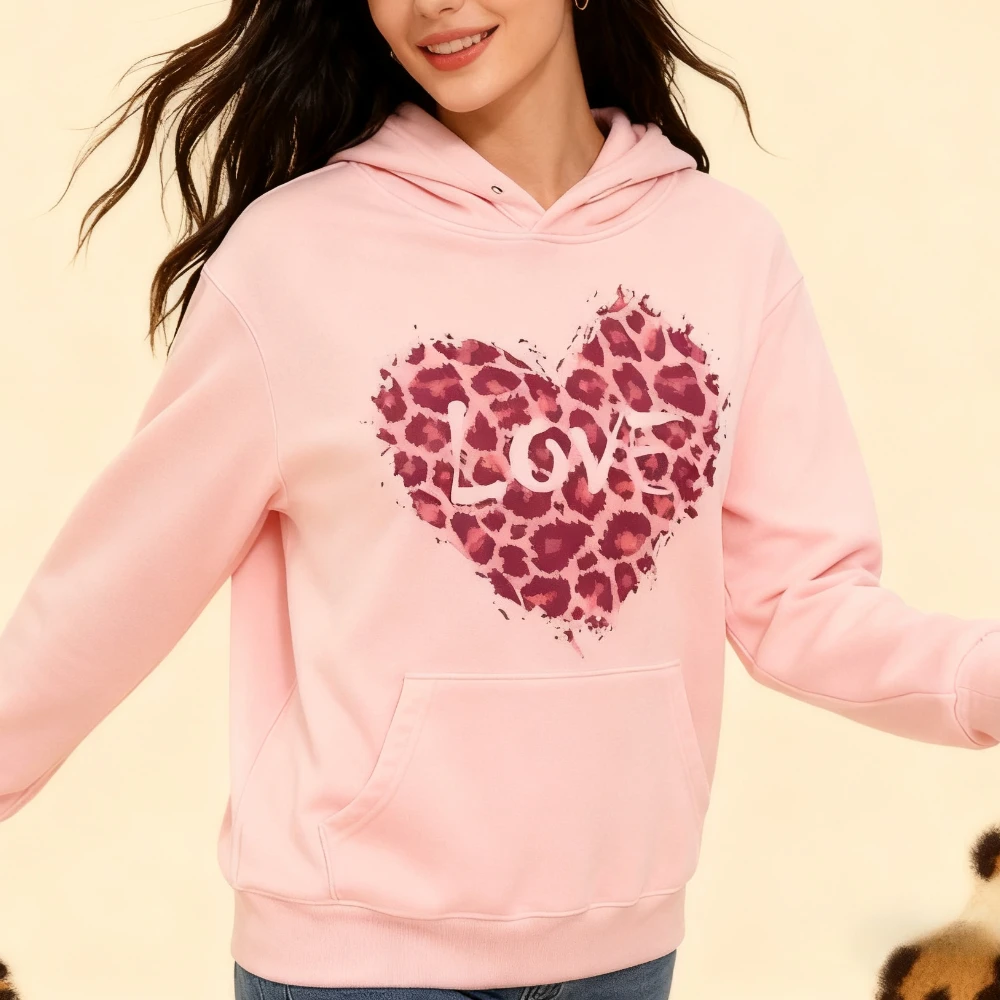 

Женская толстовка с капюшоном на День святого Валентина, толстовки с сердечком гепарда и любовью, розовая леопардовая одежда на день Святого Валентина, модные осенне-зимние женские толстовки